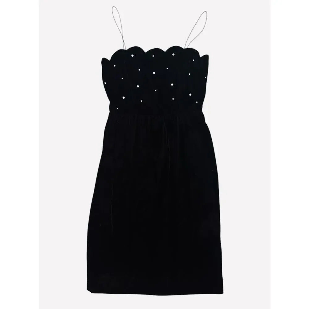 Vintage Black Velvet Mini Cami Dress & Jacket Scalloped Trim Rhinestones Size 12 - Picture 2 of 8
